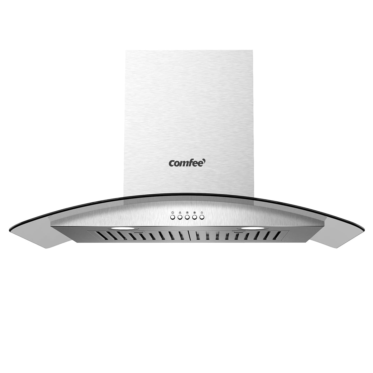 COMFEE' CVG30W8AST 30 Inches Ducted Wall Mount Vent Range Hood with 450 CFM 3 Speed Exhaust Fan, Baffle Filters, Curved Glass, 2 LED Lights, Convertible to Ductless, Stainless Steel