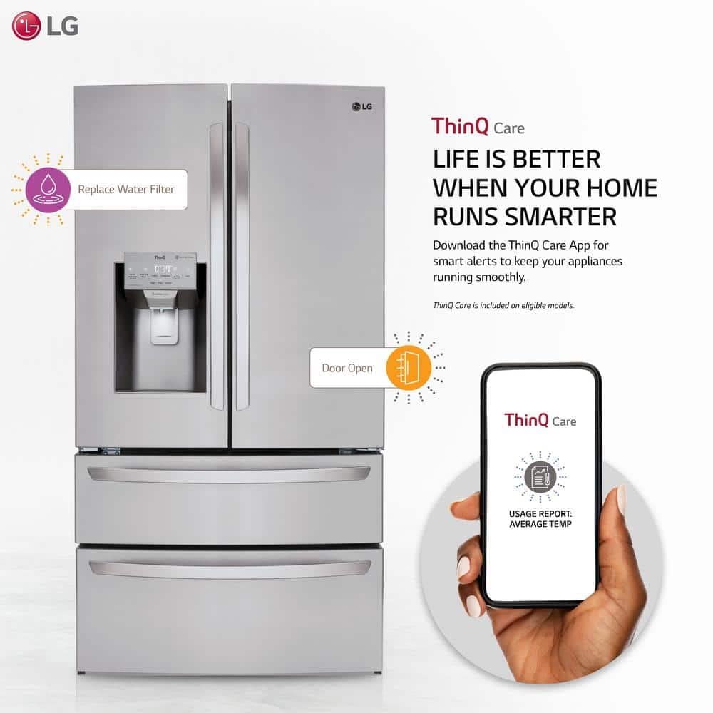 Lodówka LG 28 cu.ft. Smart Wi-Fi z drzwiami francuskimi — 27,80 ft³ — 2 szuflady zamrażarki — 18,60 ft³ pojemności netto lodówki — 9,20 ft³ pojemności netto zamrażarki — 724 kWh rocznie — gładka — LED
