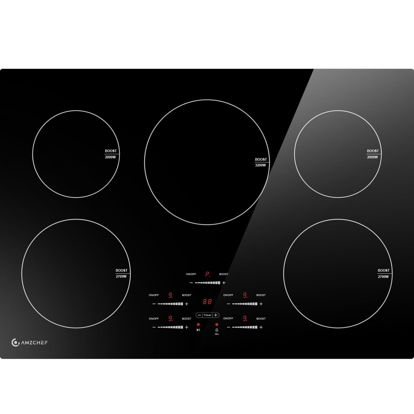 30 Inch10600W Induction Cooktop,AMZCHEF 9 Levels Electric Cooktop with 5 BOOST Burners,Bulid-in Induction Cooktop Control by Slide Touchscreen,Child Safety Lock,Independent Timer,No plug,240V