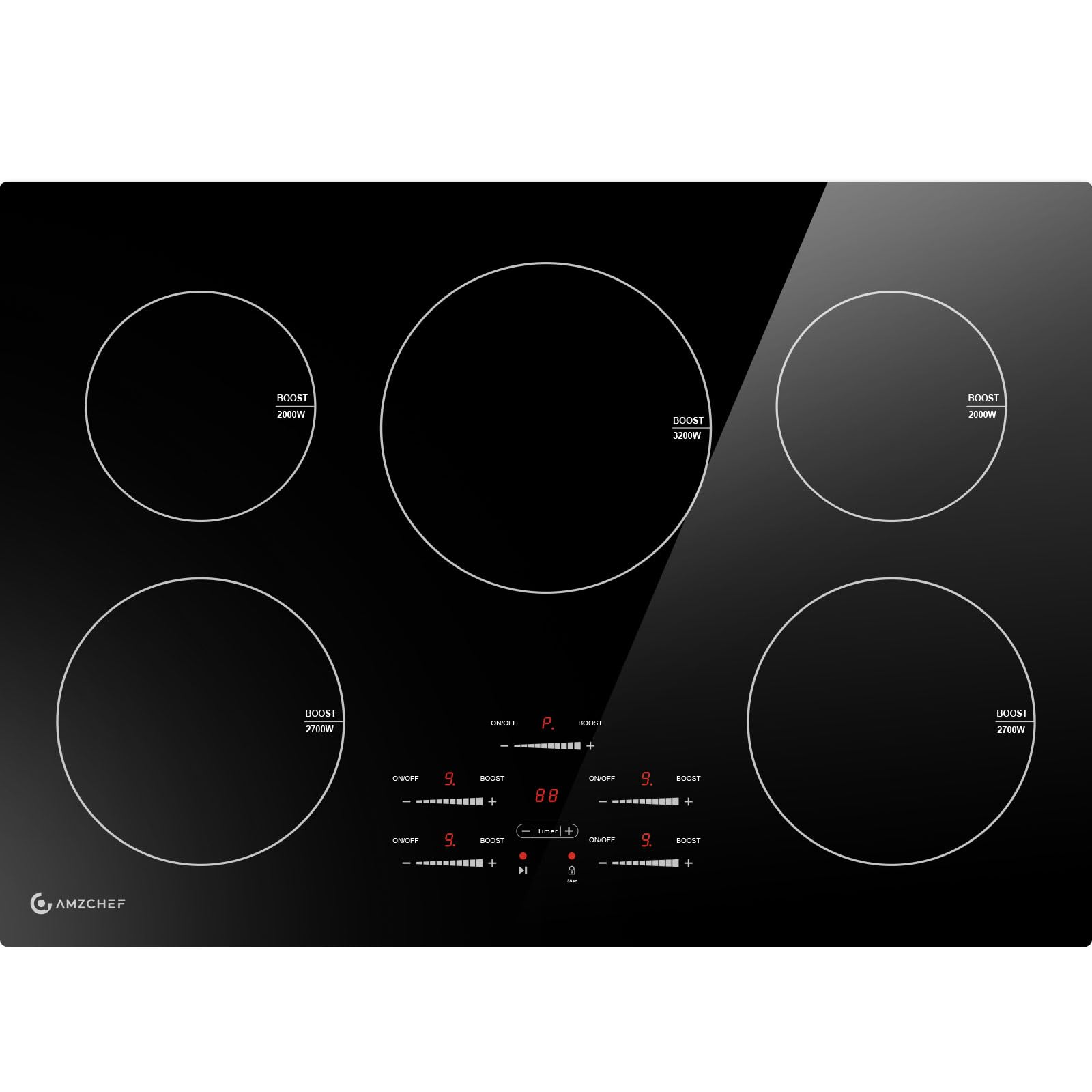 30 Inch10600W Induction Cooktop,AMZCHEF 9 Levels Electric Cooktop with 5 BOOST Burners,Bulid-in Induction Cooktop Control by Slide Touchscreen,Child Safety Lock,Independent Timer,No plug,240V