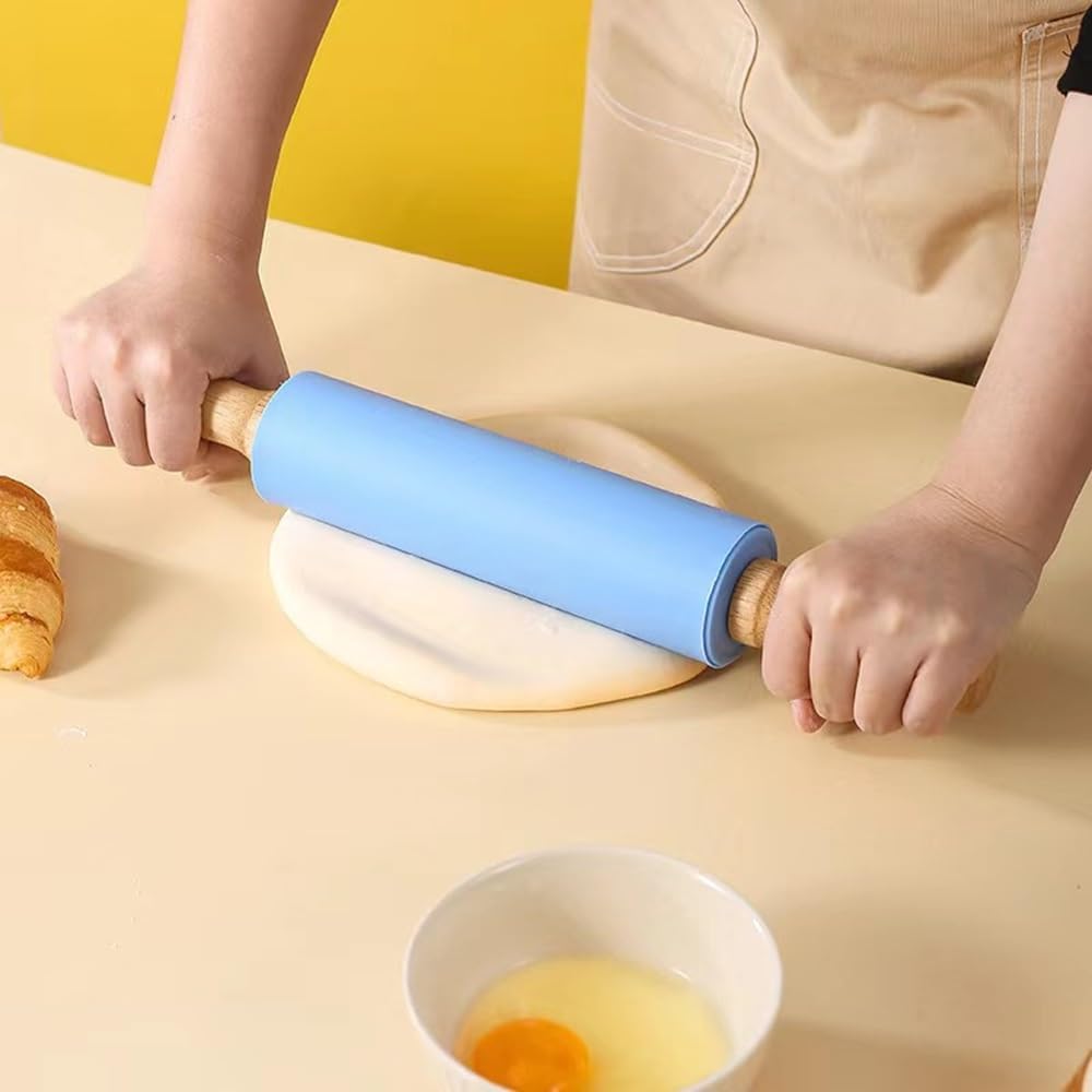 Silicone Rolling Pin Non Stick Surface Wooden Handle (Blue)
