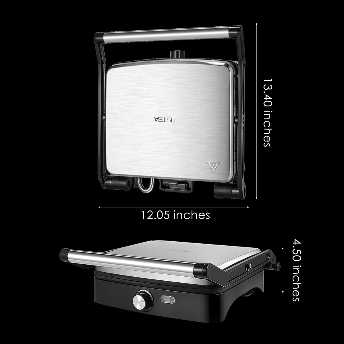 OSTBA Panini Press Grill Indoor Sandwich Maker with Temperature Setting, 4 Slice Large Non-stick Versatile Grill, Opens 180 Degrees to Fit Any Type or Size of Food, Removable Drip Tray, 1200 W