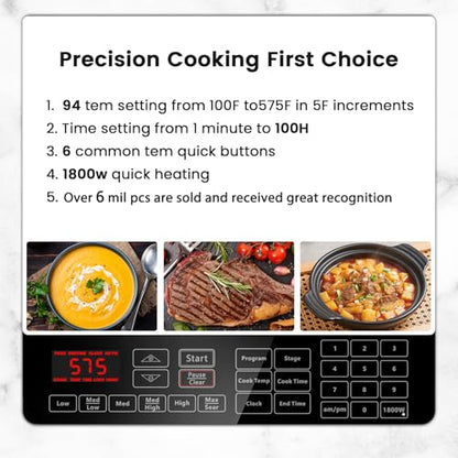 Nuwave PIC Double, Portable, Powerful 1800W with 2 Large 8” Heating Coils, Independent Controls, 94 Temp Settings from 100°F to 575°F in 5°F Increments, 11.5” Shatter-Proof Ceramic Glass Surface