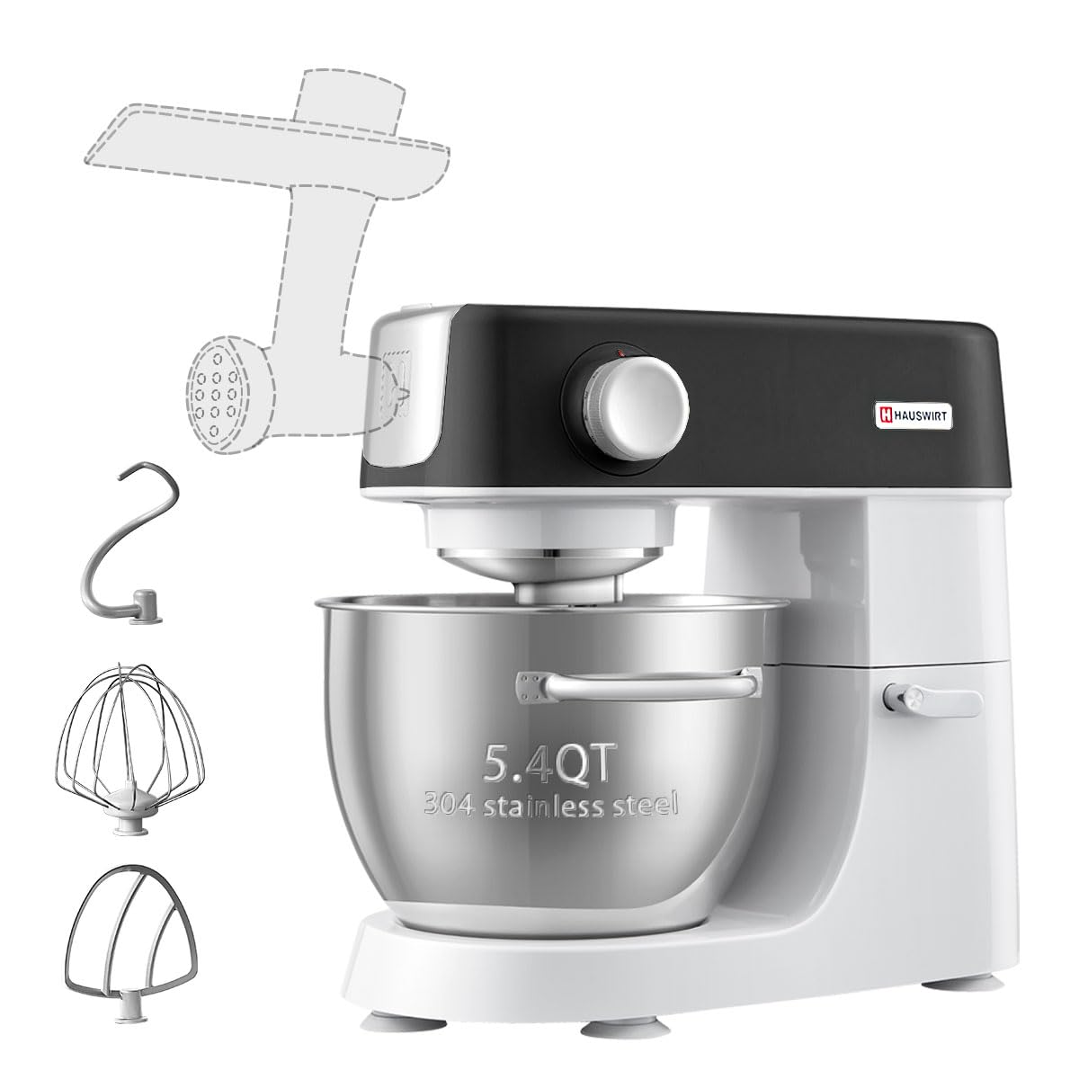 Hauswirt Electric Stand Mixer M5C, 3-in-1, 5.4Qt Dough Mixer, 8-Speed 500W Tilt-Head Food Mixer,with Dough Hook,Wire Whip & Beater,Black,No screen,Meat grinder sold separately