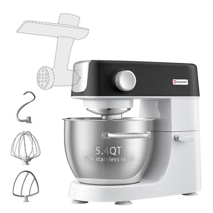 Hauswirt Electric Stand Mixer M5C, 3-in-1, 5.4Qt Dough Mixer, 8-Speed 500W Tilt-Head Food Mixer,with Dough Hook,Wire Whip & Beater,Black,No screen,Meat grinder sold separately