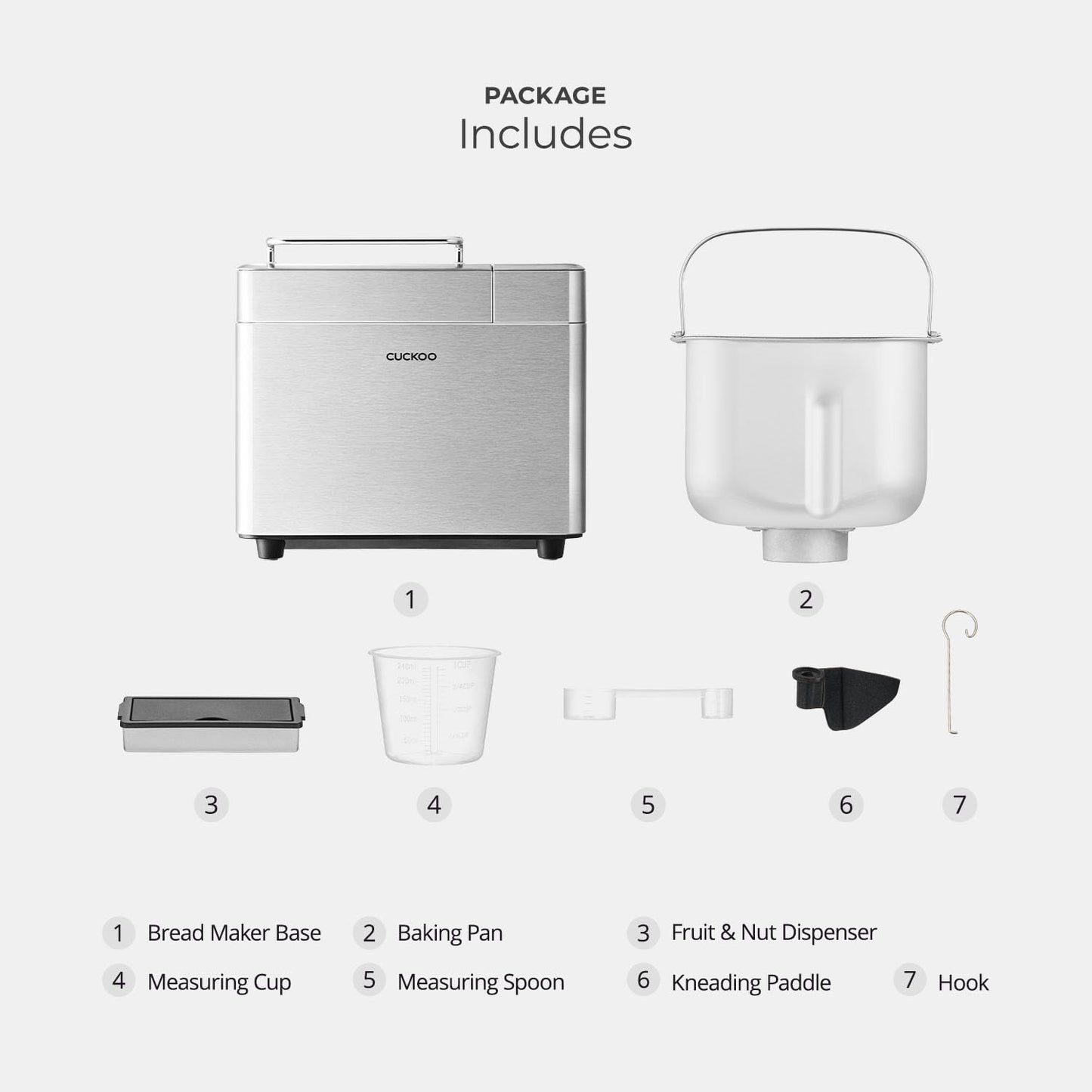 CUCKOO Bread Maker Machine with 15 Menu Options + 3 Crust Colors, 2 lbs Bread Machine with Automatic Fruit & Nut Dispenser, Includes 6 Accessories, Ideal Breadmaker for Sourdough (CBM-AAB101S)