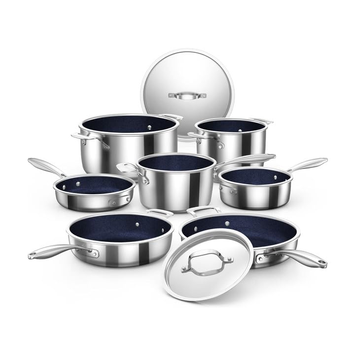 Nuwave Pro-Smart 9pc Stainless Steel Cookware Set, Healthy Duralon Blue Non-Stick Ceramic Coating, Heavy-Duty Tri-Ply Construction, Ergonomic Stay-Cool Handles, Induction-Ready & Works on All Cooktops