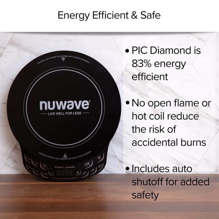 Nuwave Diamond Induction Cooktop, New & Improved Electric Burner with Probe, 91 Temps 50°F to 500°F, 6.5” Heating Coil, Shatter-Proof Ceramic Glass, 3 Wattage Settings, Ideal for Dorms, RVs & Apts