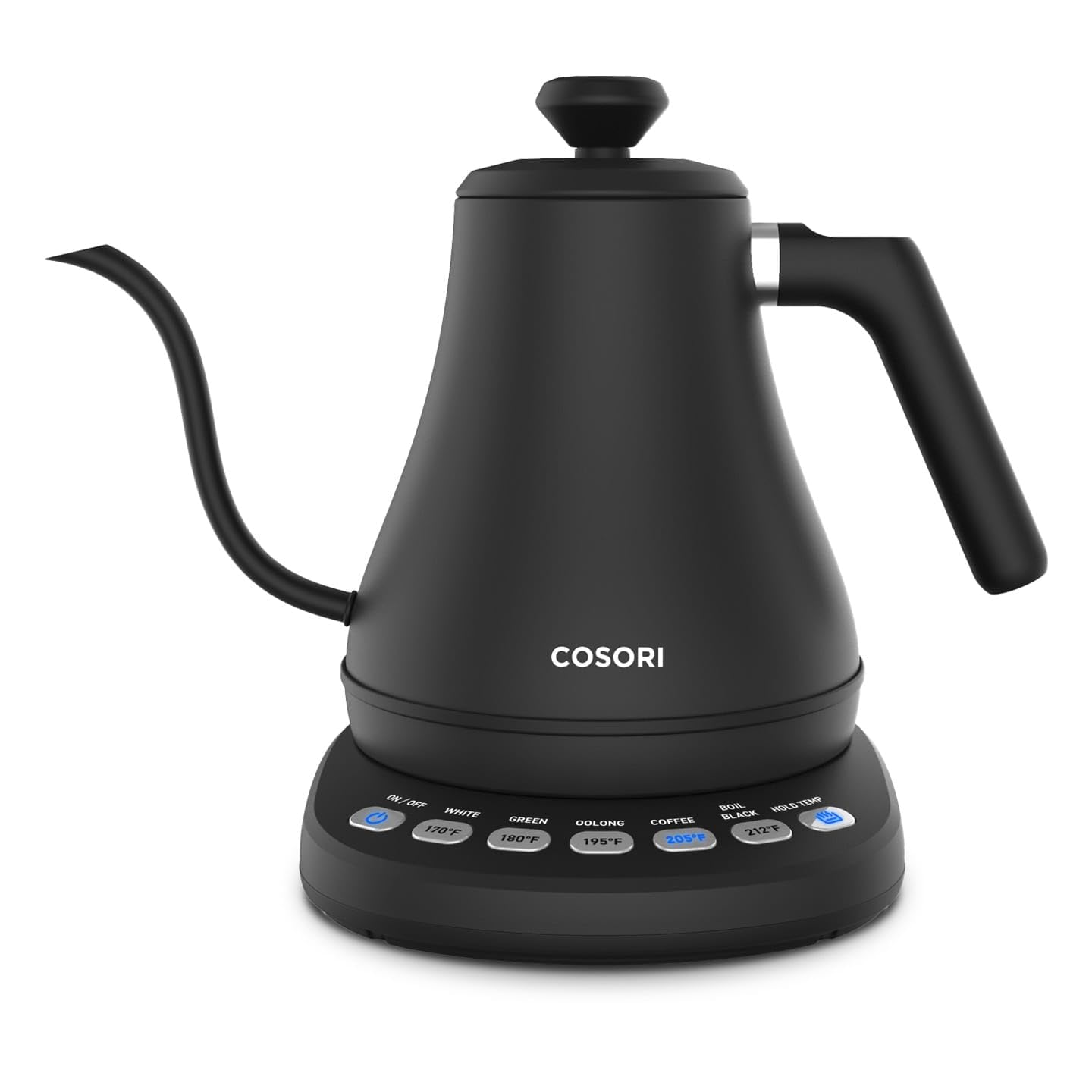 Електричний чайник COSORI з гусячою шийкою та 5 попередньо встановленими режимами контролю температури, чайник для кави та чаю, бойлер, внутрішня кришка та дно зі 100% нержавіючої сталі, 1200 Вт/0,8 л