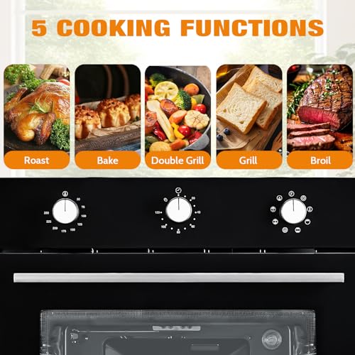 Hipicute 24” Electric Built-In Single Wall Oven - 2.5 Cu.Ft, 5 Cooking Functions, 3000W, Double-Layered Glass Door, Mechanical Knobs - Perfect for Your Kitchen