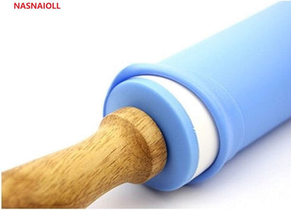 Silicone Rolling Pin Non Stick Surface Wooden Handle (Blue)