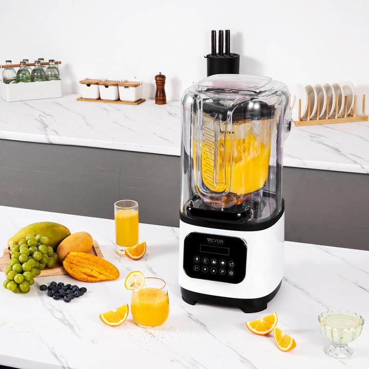 Blender VEVOR Professional z osłoną, Blendery do użytku komercyjnego, Blender kombinowany o pojemności 68 uncji, Blender ze stali nierdzewnej, 9 prędkości i 5 funkcji, do koktajli, smoothie, koktajli i kruszenia lodu, biały
