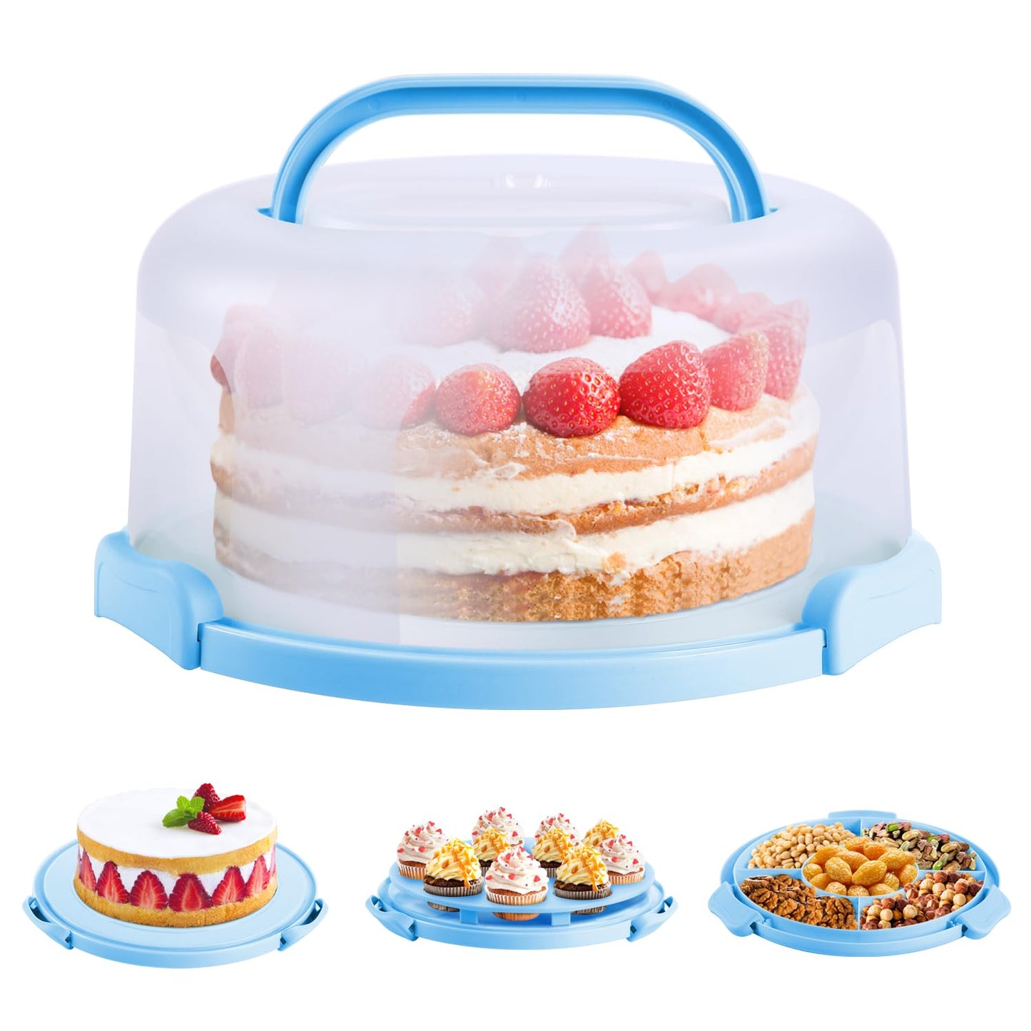 Ohuhu Cake Carrier with Lid and Handle, BPA-Free Cake Containers Cake Holder for 10 inch Cake with 2 Handles Cupcake Carrier - Plastic Cover Two Sided Base for Transport Pies Nuts Fruit Perfect Gifts