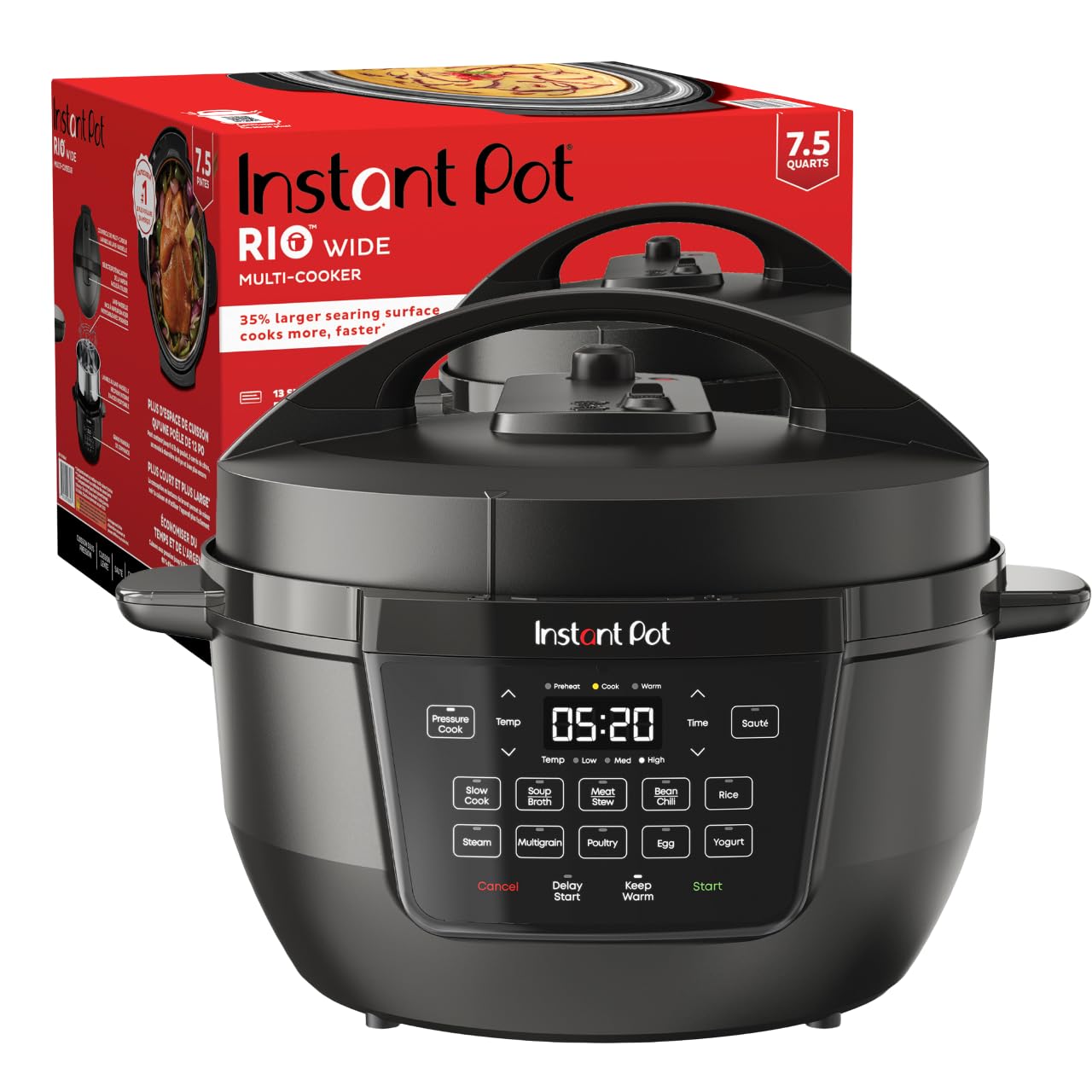 Instant Pot RIO Wide Base, 7.5 Quarts, Large Searing Base, WhisperQuiet Steam Release, 7-in-1 Electric Multi-Cooker, Pressure Cooker, Slow Cooker, Rice Cooker, Steamer, Sauté, Yogurt & Warmer