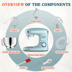 CHeflee Stand Mixer,600W 6+P With 6.5QT Stainless Steel Bowl,Dough Hook, Wire Whip & Beater,for Most Home Cooks,Blue