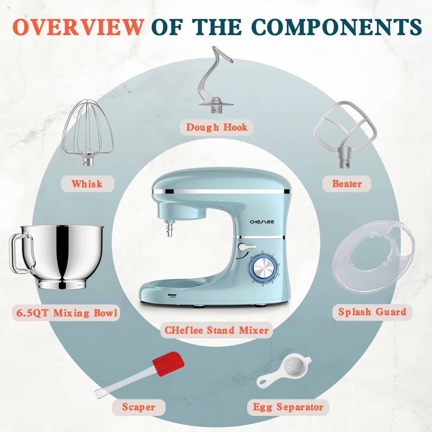 CHeflee Stand Mixer,600W 6+P With 6.5QT Stainless Steel Bowl,Dough Hook, Wire Whip & Beater,for Most Home Cooks,Blue