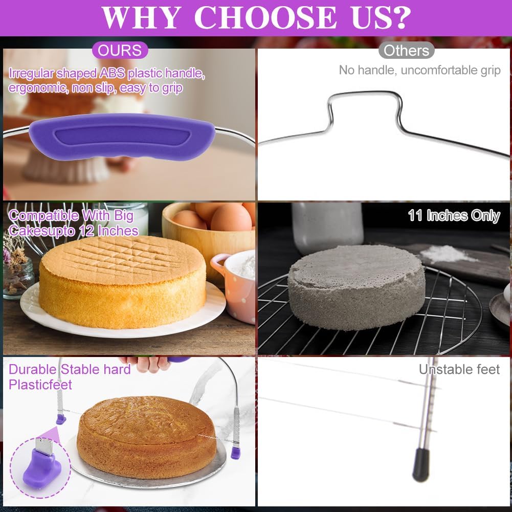 JIANWEI Adjustable Cake Leveler and Scraper Set, 4pcs Decorating Kit, Large Size Slicer, Decorating Comb, Pastry Cutter for Mousse Butter Cream (Purple)
