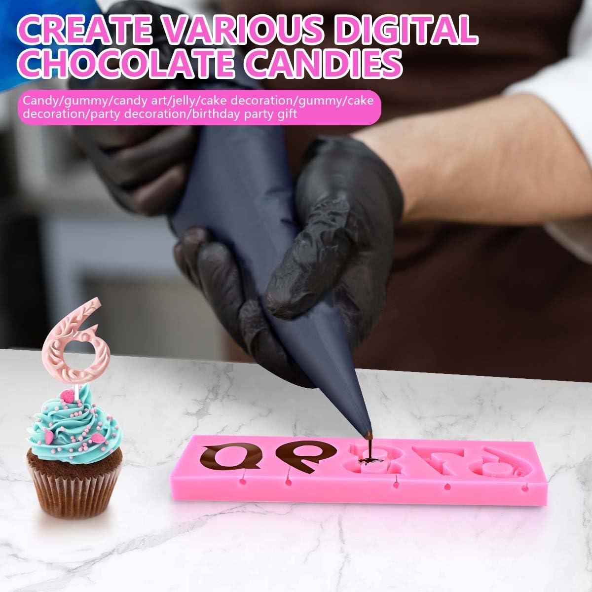 OBTANIM Silicone Number 0-9 3D Embossed Fondant Chocolate Mold with Stick Hole for Birthday Cake Decorating DIY Baking