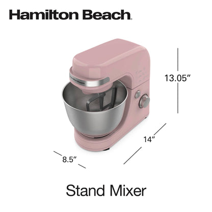 Hamilton Beach Electric Stand Mixer, 4 Quarts, Dough Hook, Flat Beater Attachments, Splash Guard 7 Speeds with Whisk, Rose