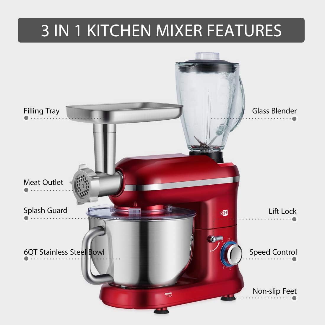 VIVOHOME 3 in 1 Multifunctional Stand Mixer with 6 Quart Stainless Steel Bowl, 650W 6 Speed Tilt-Head Meat Grinder, Juice Blender, Red