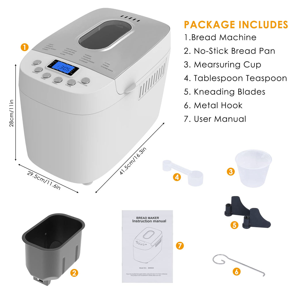 Patioer 3LB Bread Maker Machine Automatyczna maszyna do pieczenia chleba z podwójnymi mieszadłami 15 w 1 Maszyna do pieczenia chleba z ustawieniem bezglutenowym, 3 rozmiary bochenków 3 kolory skórki, nieprzywierająca blacha do pieczenia, biała