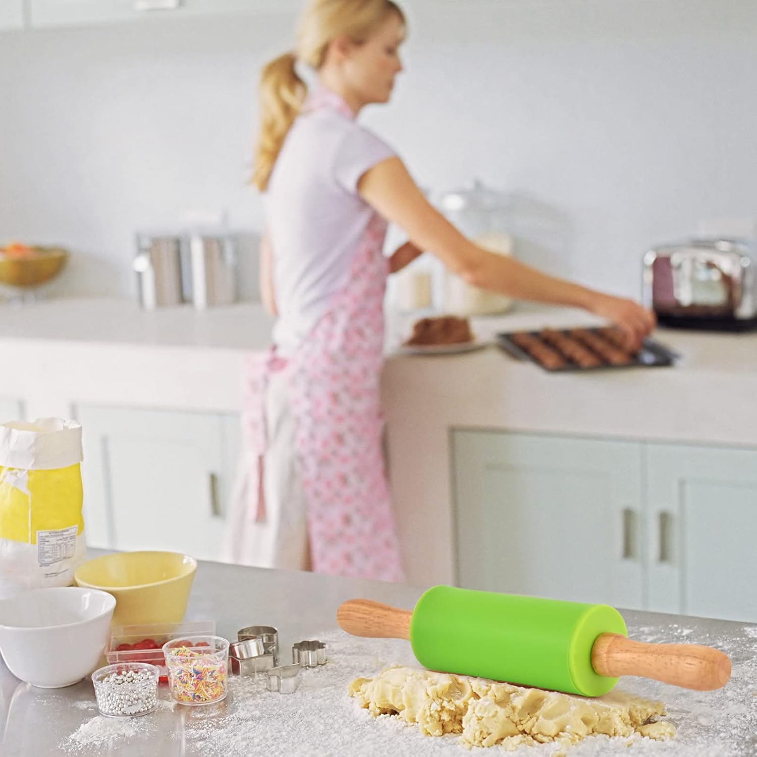 Mini Silicone Rolling Pin for Kids, Non-stick Surface Wood Handle, 9 Inch 2 Pack