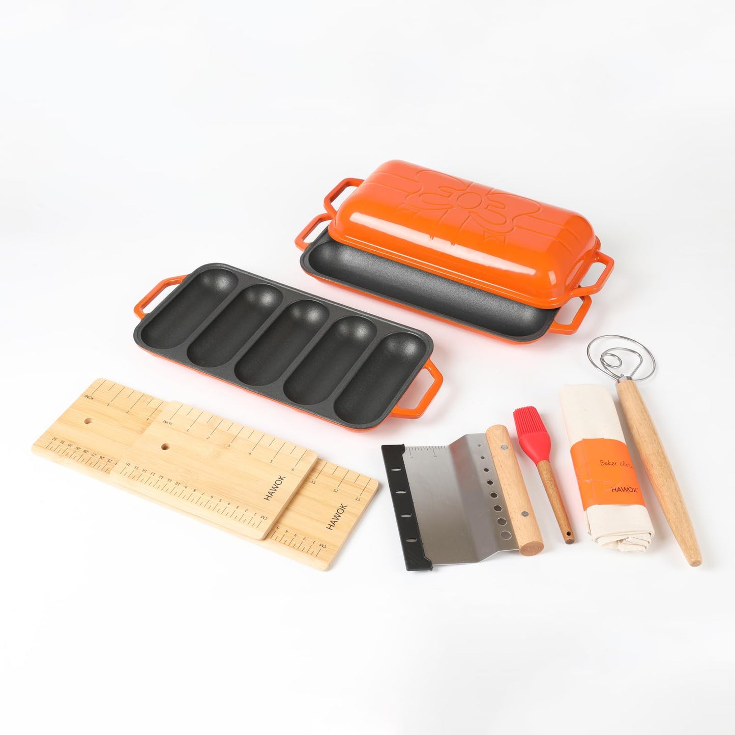 HAWOK Enameled Cast Iron French Baguette Baker, Hot Dog Bake Tray, Baguette Pan with Handles and Lid, Navy Blue