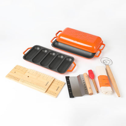 HAWOK Enameled Cast Iron French Baguette Baker, Hot Dog Bake Tray, Baguette Pan with Handles and Lid, Navy Blue