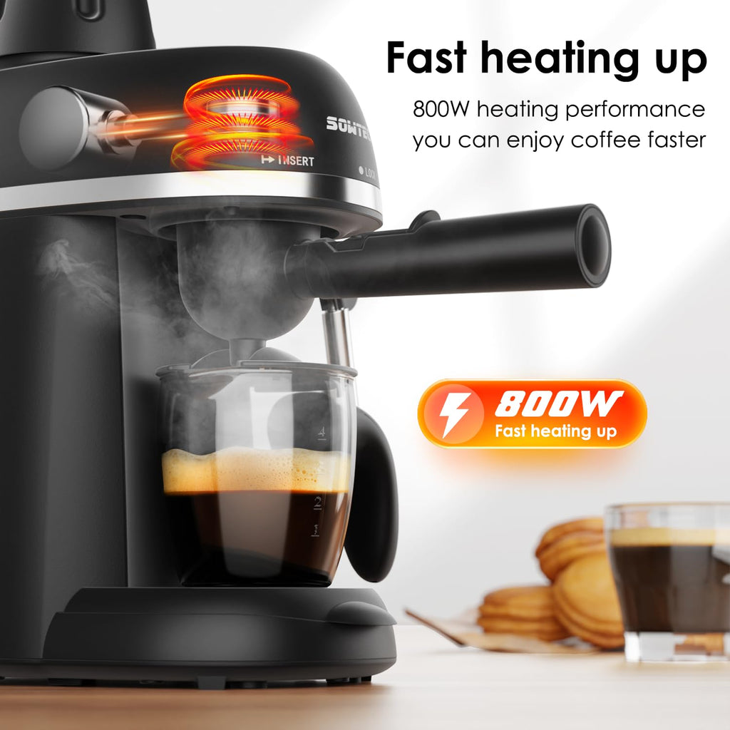 Ekspres do kawy SOWTECH, 3,5-barowy ekspres do espresso i cappuccino ze spieniaczem do mleka, 1-4 filiżanek przenośny ekspres do kawy do latte, cappuccino, 800 W, czarny