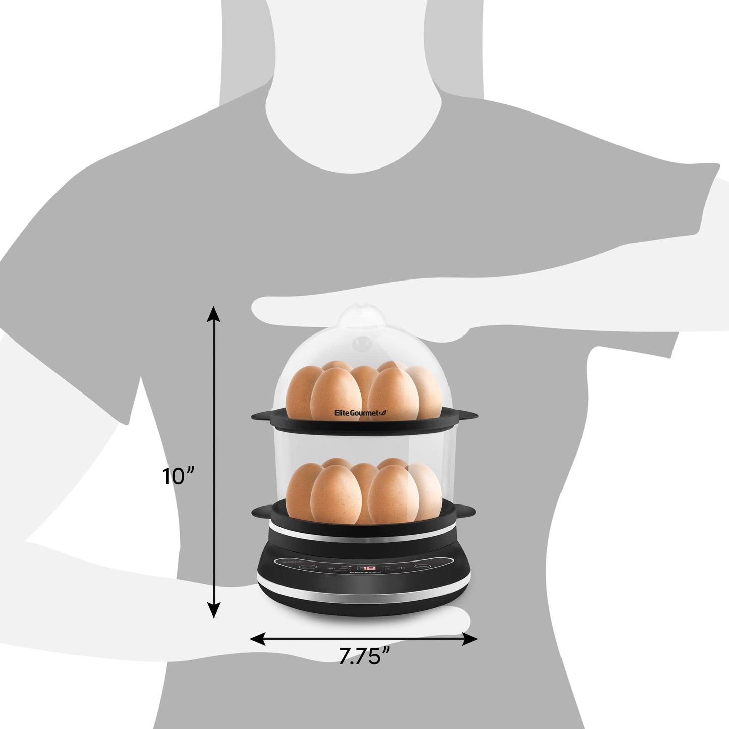 Elite Gourmet EGC314CB Digital Easy Egg Cooker Food Steamer, Poacher, Omelet, Soft, Medium, Hard-Boiled Egg with 6 Programmed Preset Functions, 2-Tiers, Measuring Cup, BPA Free, 14 egg capacity, Black