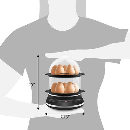 Elite Gourmet EGC314CB Digital Easy Egg Cooker Food Steamer, Poacher, Omelet, Soft, Medium, Hard-Boiled Egg with 6 Programmed Preset Functions, 2-Tiers, Measuring Cup, BPA Free, 14 egg capacity, Black