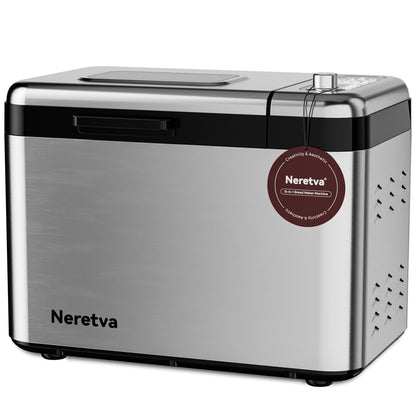 Neretva Bread Maker, 3.3LB Larger Bread Machine 15-in-1 Stainless Steel & Nonstick Ceramic Pan & Auto Nut Dispenser Breadmaker Machines Full Touch Panel with Gluten Free White Wheat Rye French Pizza