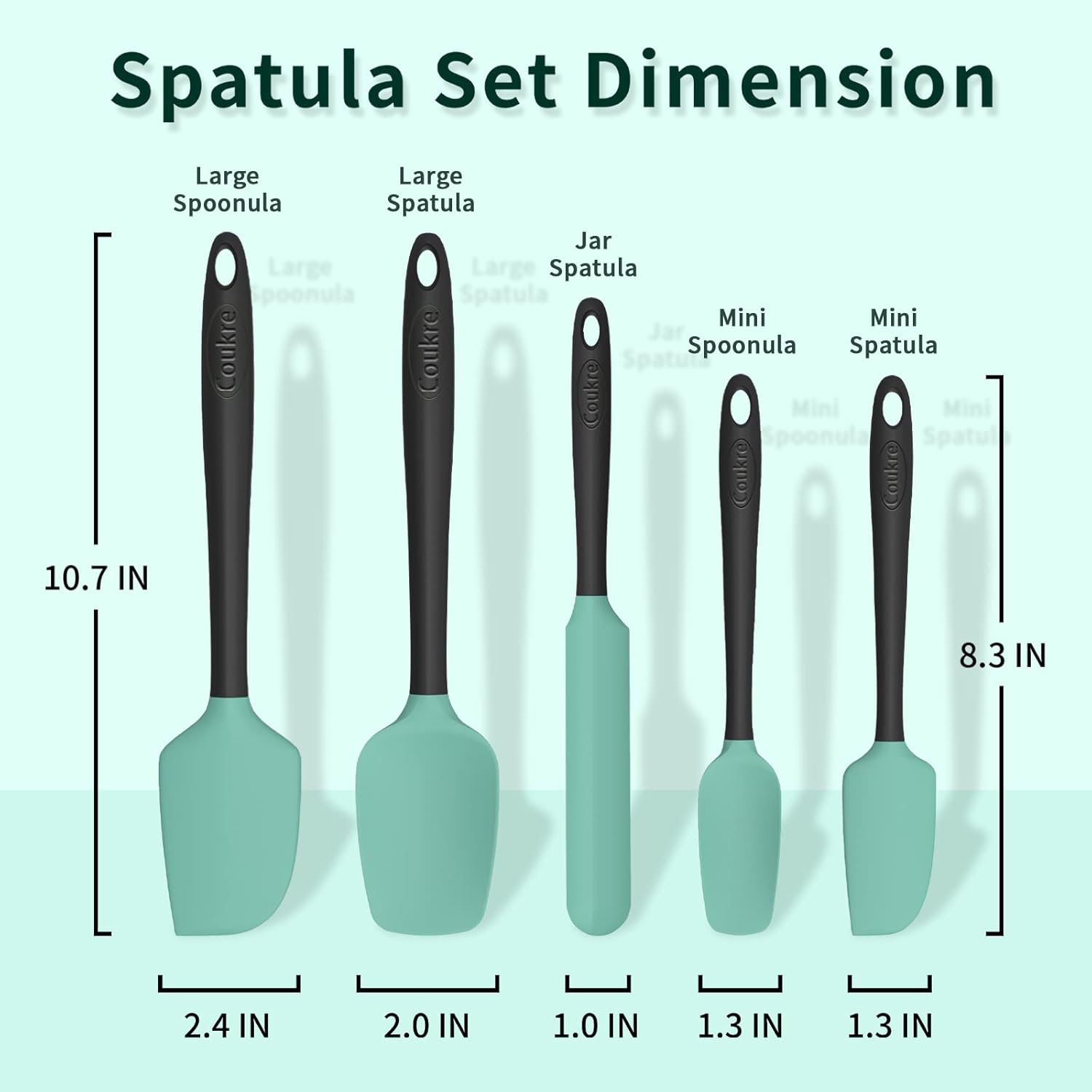 Coukre Silicone Spatula Set of 5,High Temperature Resistant, Food Grade Silicone, Dishwasher Safe, for Baking, Cooking (Aqua Green)