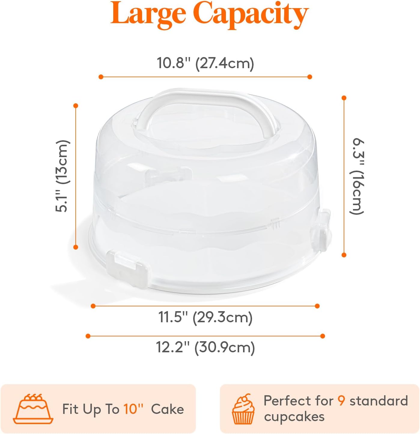 Lifewit Cake Carrier with Lid and Handle, Two Sided Cupcake Carrier Holder for 10” Cake or 9 Standard-Sized Cupcakes, Plastic Round Cake Transport Storage Container Stand for Pies and Cookies, White