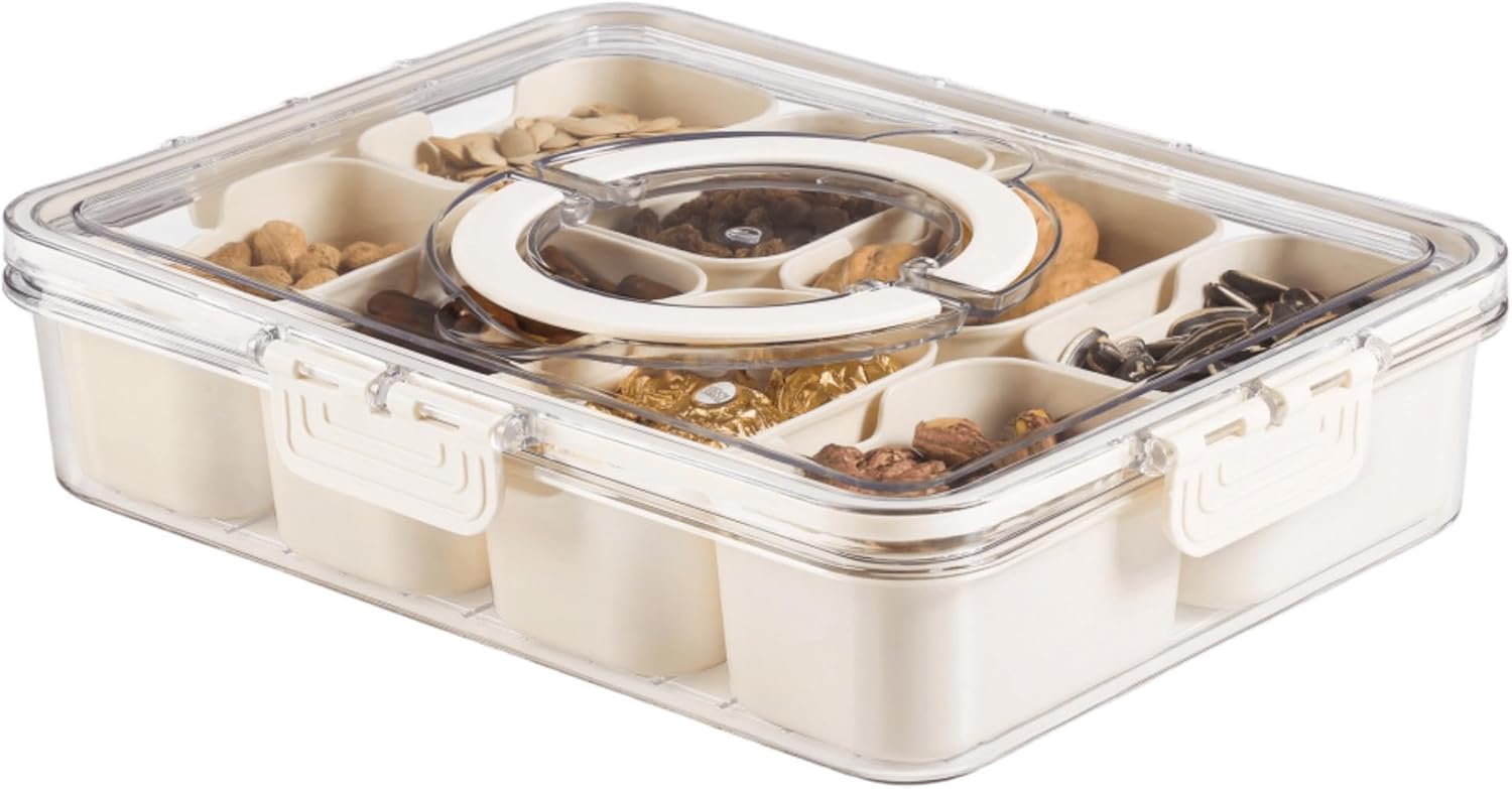 Bandesun Divided Serving Tray with Lid and Handle - Snackle Box Charcuterie Container for Portable Snack Platters - Clear Organizer for Candy, Fruits, Nuts, Snacks - Perfect for Party, Entertaining