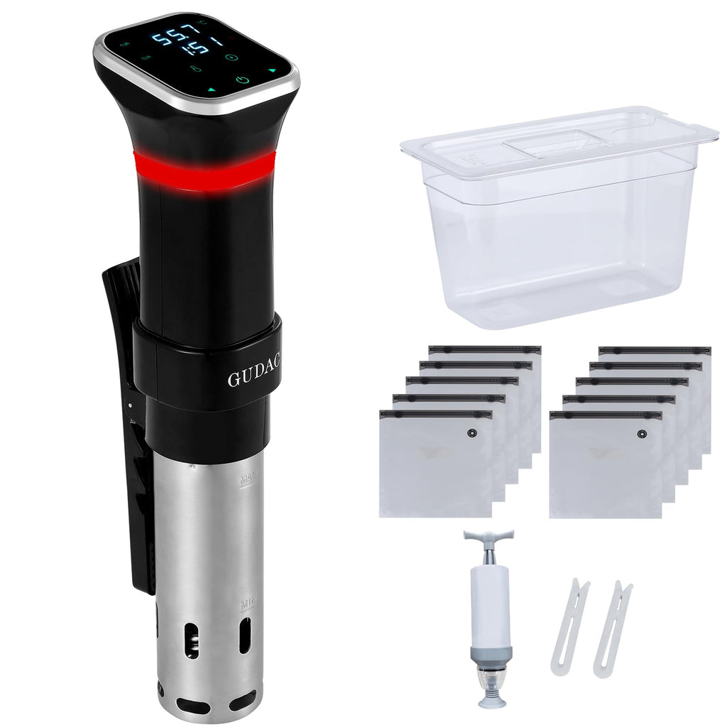 Gudac Sous Vide Precision Cooker, 1100 W, zestaw do gotowania Sous Vide, cyrkulator zanurzeniowy, z 6-litrowym pojemnikiem na wodę i 10 workami Sous Vide