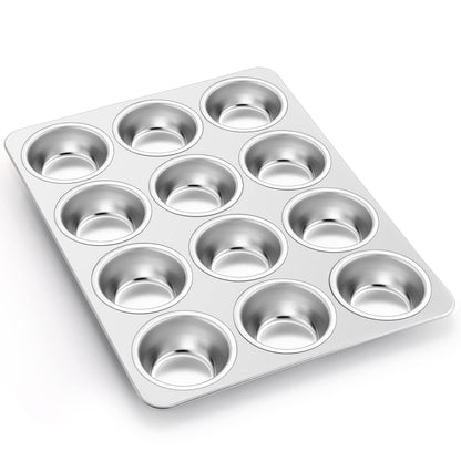 P&P CHEF Muffin Pan Cupcake Baking Pan Set, Stainless Steel Muffin Tin Tray for Mini Cake Tart Quiche, Oven & Dishwasher Safe, Non-toxic & Heavy-duty, (12 Cup, 2Pcs)