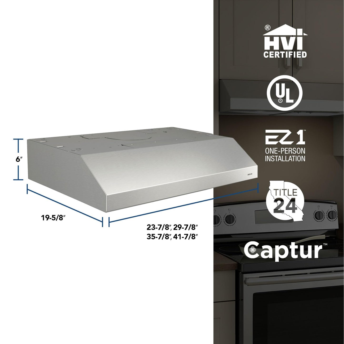 Broan-NuTone BCSD142SS Glacier 42-inch Under-Cabinet 4-Way Convertible Range Hood with 2-Speed Exhaust Fan and Light, 300 Max Blower CFM, Stainless Steel