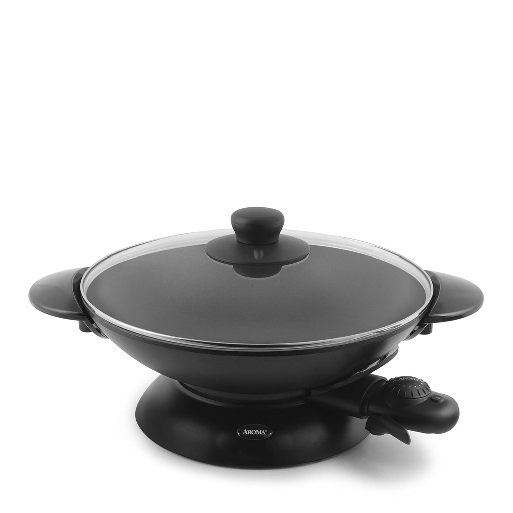 Електрична вок-сковорідка Aroma Housewares AEW-306 із кришкою із загартованого скла, антипригарним покриттям, що легко очищується, палички для їжі, решітки для темпури та приготування на пару, професійна модель, чорний колір