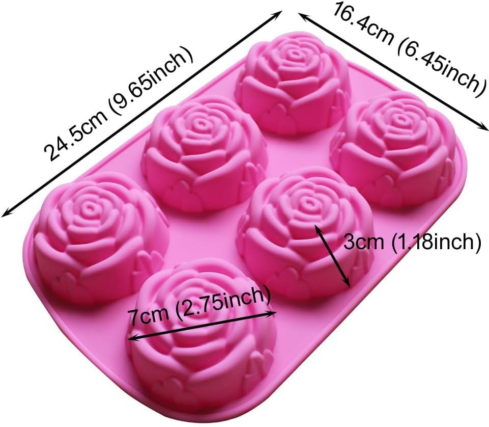 Silicone Mold for Handmade Soap Cake Jelly Pudding Chocolate 6 Cavity Rose Flower Design, Set of 2 Pink