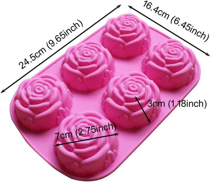 Silicone Mold for Handmade Soap Cake Jelly Pudding Chocolate 6 Cavity Rose Flower Design, Set of 2 Pink