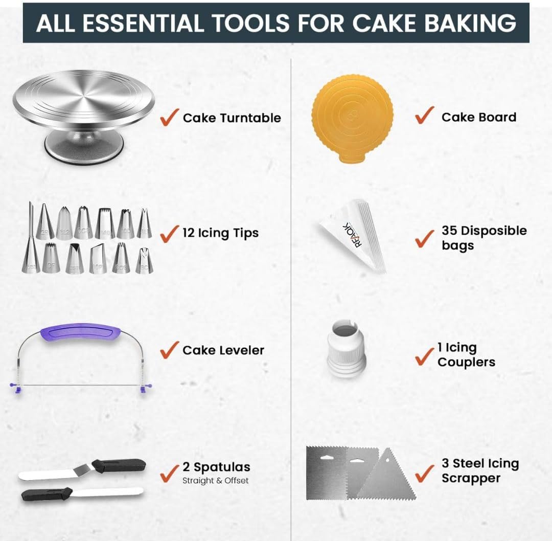 RFAQK 50PCs Cake Decorating Supplies Kit with 12" Aluminum Rotating Cake Turntable Stand, Professional Leveler, Straight & Offset Spatulas, 12 Numbered Icing Tips & Bags