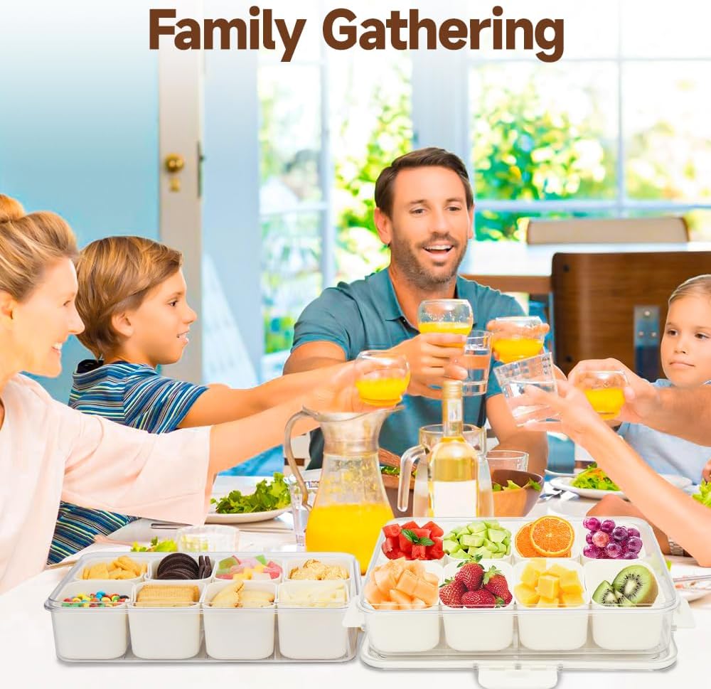 Snackle Box Container, 3rd Gen Vegetable Tray with Lid, Divided Serving Tray with Lid and Handle, 8 Compartment Veggie Platter, Snack Box Container, Food Organizer for Nuts, Candy, Fruits