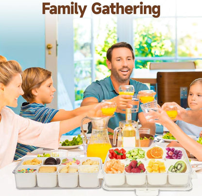 Snackle Box Container, 3rd Gen Vegetable Tray with Lid, Divided Serving Tray with Lid and Handle, 8 Compartment Veggie Platter, Snack Box Container, Food Organizer for Nuts, Candy, Fruits