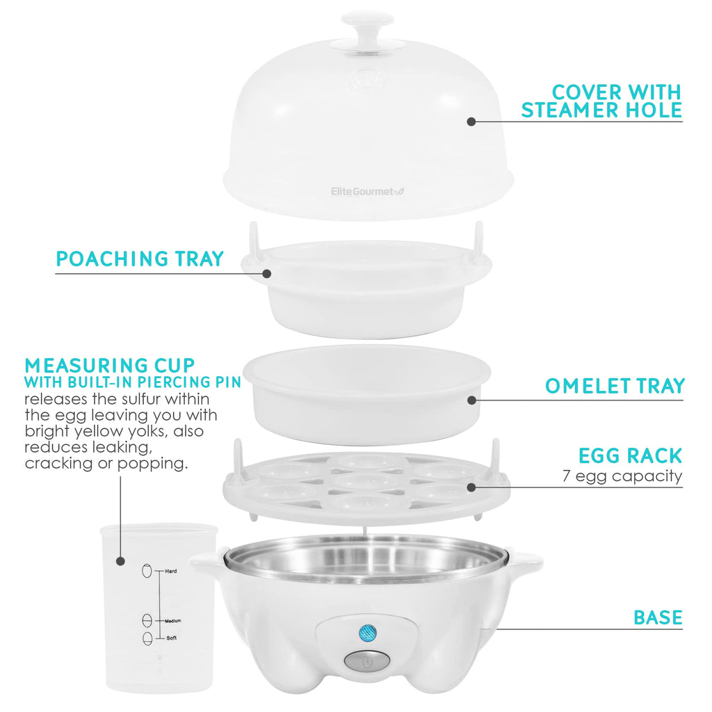 Elite Gourmet EGC-007## Rapid Egg Cooker, 7 Easy-To-Peel, Hard, Medium, Soft Boiled Eggs, Poacher, Omelet Maker, Auto Shut-Off, Alarm, 16-Recipe Booklet, White
