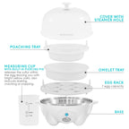 Elite Gourmet EGC-007## Rapid Egg Cooker, 7 Easy-To-Peel, Hard, Medium, Soft Boiled Eggs, Poacher, Omelet Maker, Auto Shut-Off, Alarm, 16-Recipe Booklet, White