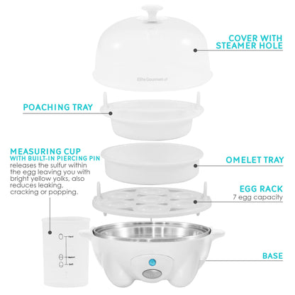 Elite Gourmet EGC-007## Rapid Egg Cooker, 7 Easy-To-Peel, Hard, Medium, Soft Boiled Eggs, Poacher, Omelet Maker, Auto Shut-Off, Alarm, 16-Recipe Booklet, White