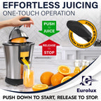 Eurolux Premium Electric Orange Juicer | Stainless Steel Citrus Squeezer With New Ultra-Powerful Motor and Soft Grip Handle for Effortless Juicing, Auto Shutoff, Dishwasher-safe Parts, Pulp Control