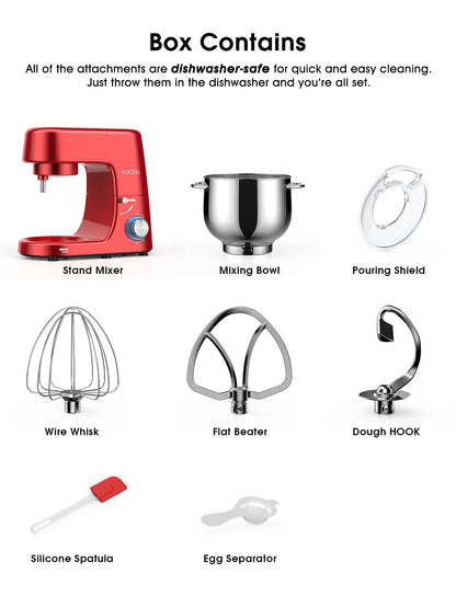 9.5 QT Double Handle KUCCU Stand Mixer, 6 Speed with Pulse Electric Kitchen Mixer, 660W Tilt-Head Food Mixer with Dishwasher-Safe Dough Hook, Flat Beater, Whisk, Splash Guard for home baking (Red)