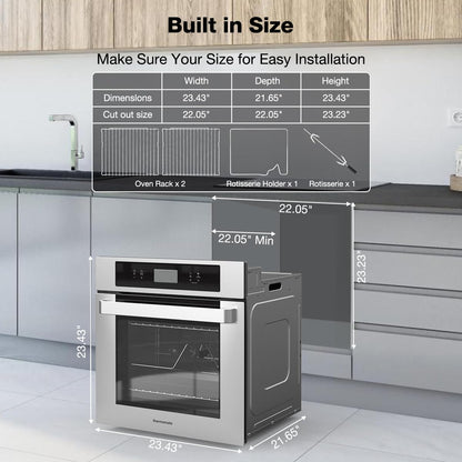 24" Electric Wall Oven, ETL Certified, thermomate 2.6 Cu.Ft. Built-in Wall Oven with 12 Functions, 3100W Convection Ovens, Sensor Touch Control, Safety Lock, Stainless Steel